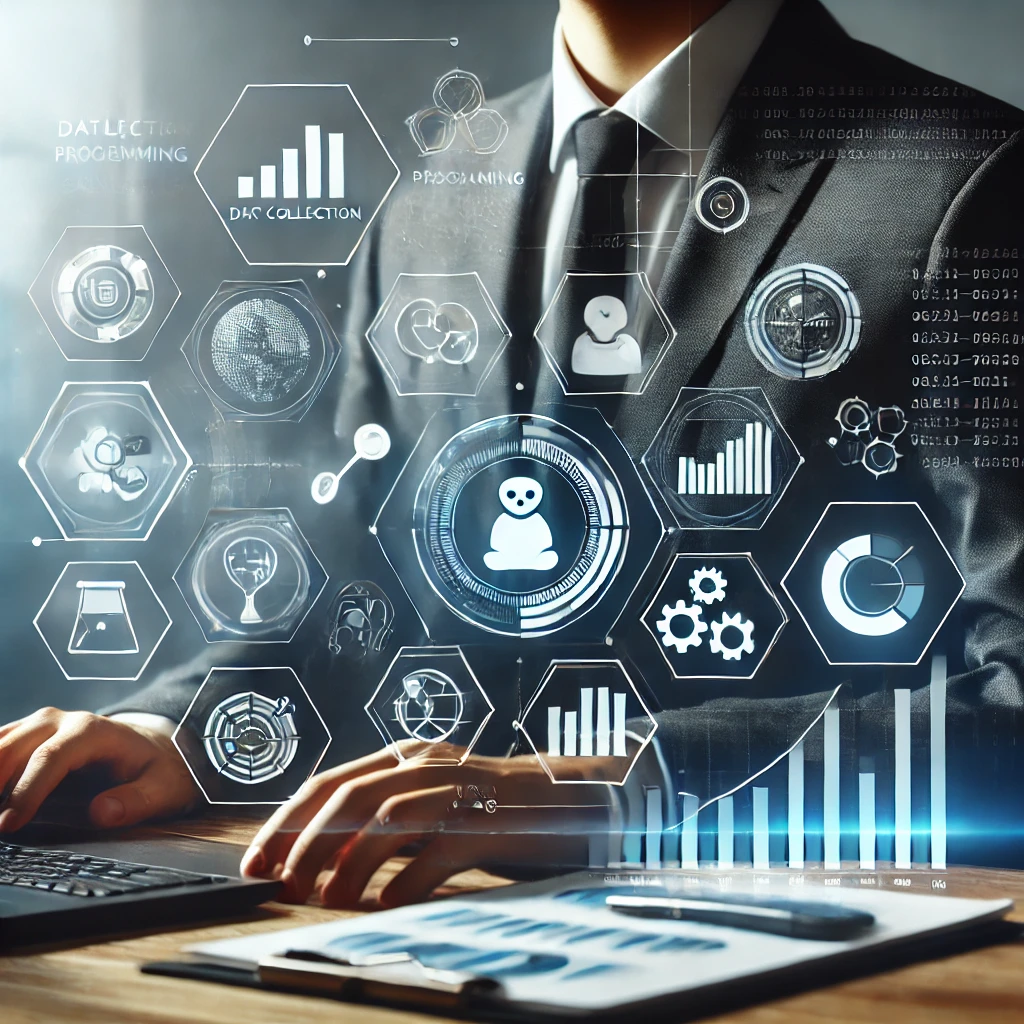 DALL·E 2024-11-05 12.17.59 - A professional business setting featuring icons or visuals that represent data collection, programming, and analysis services. A modern, sleek design